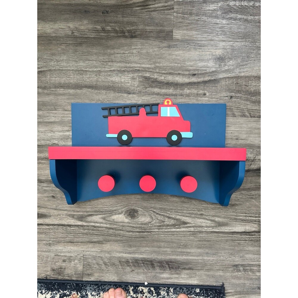 Child’s room decor, fire truck shelf w/ three hooks room, decor, bathroom decor